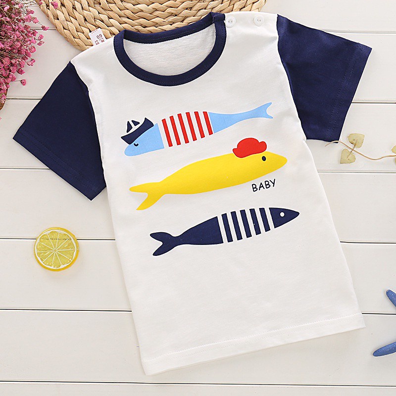 Áo thun tay ngắn cổ tròn chất liệu cotton thoáng khí thấm hút mồ hôi phong cách Hàn Quốc dành cho bé