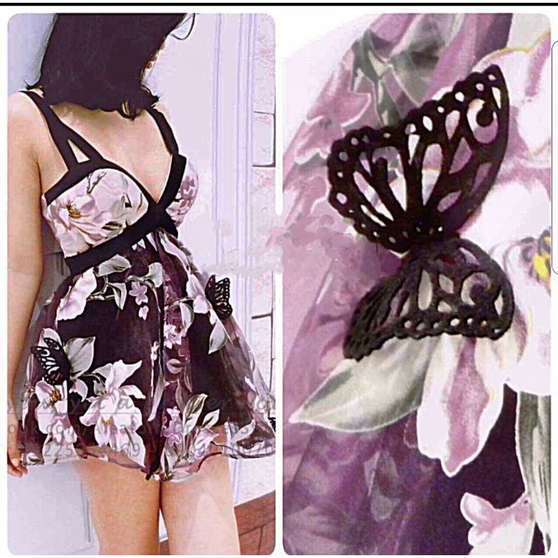 Đầm xòe hai dây búp bê họa tiết bướm 3D quyến rũ