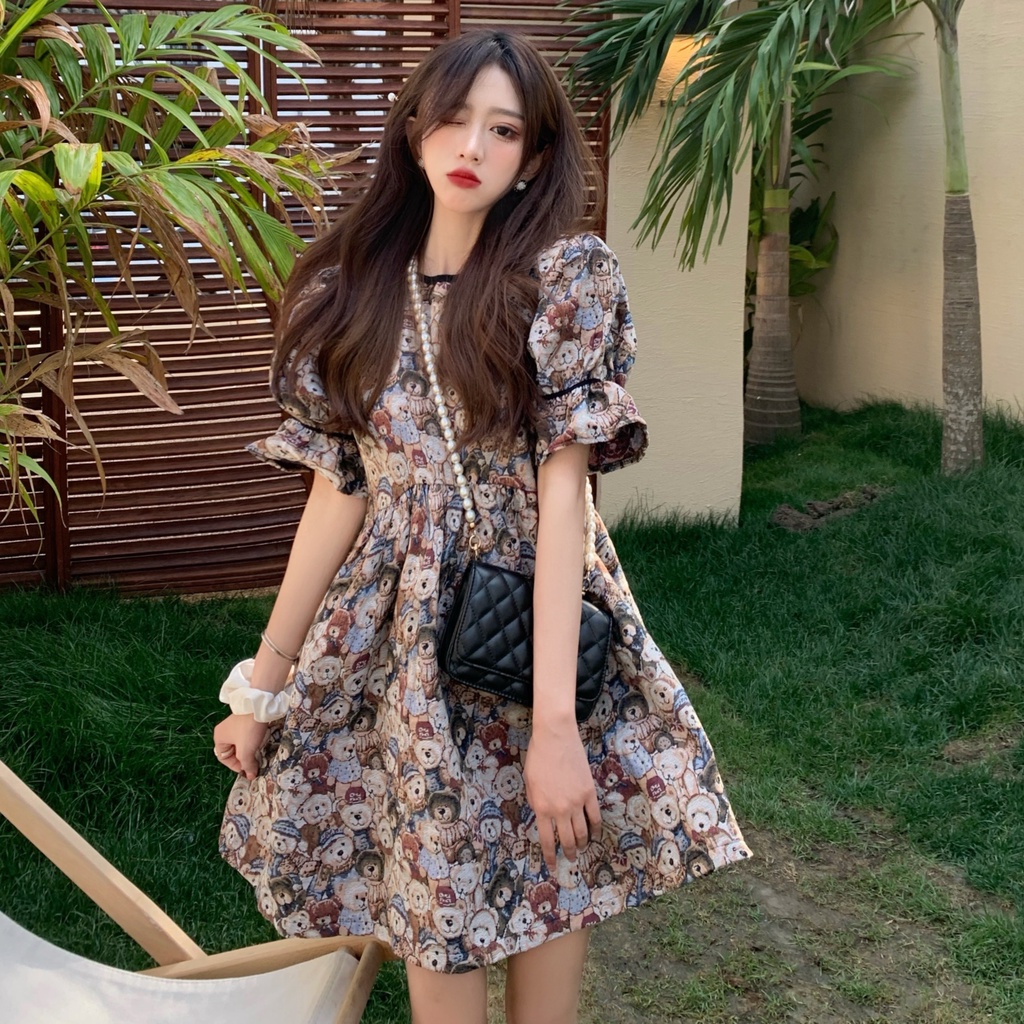 Đầm Ngắn Dáng Ôm In Họa Tiết Gấu Dễ Thương Phong Cách Retro Pháp