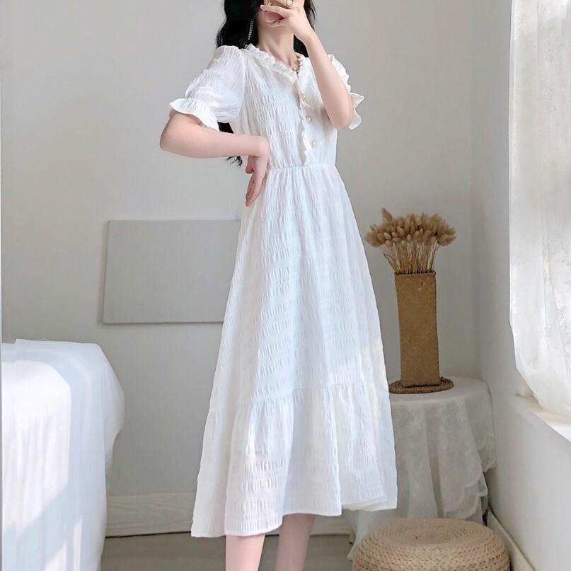 Váy Trắng Tay Ngắn Cổ V Cổ Điển Pháp Phong Đơn Giản Váy Nữ
