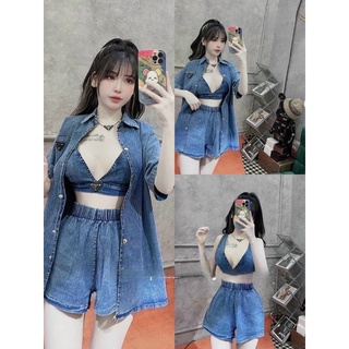 Set áo sơ mi jeans prada kèm bra