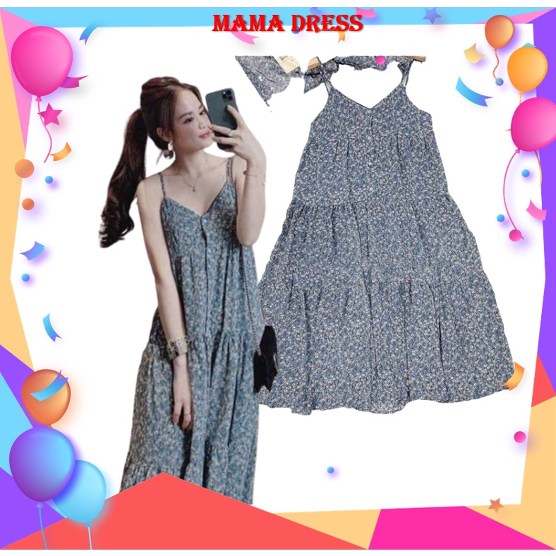 Đầm BẦU hoa xanh tiểu thư mùa hè MAMA DRESS váy Suông váy bầu 2 dây sexy quyến rũ cho mẹ bầu đi chơi biển đi dạo đẹp rẻ