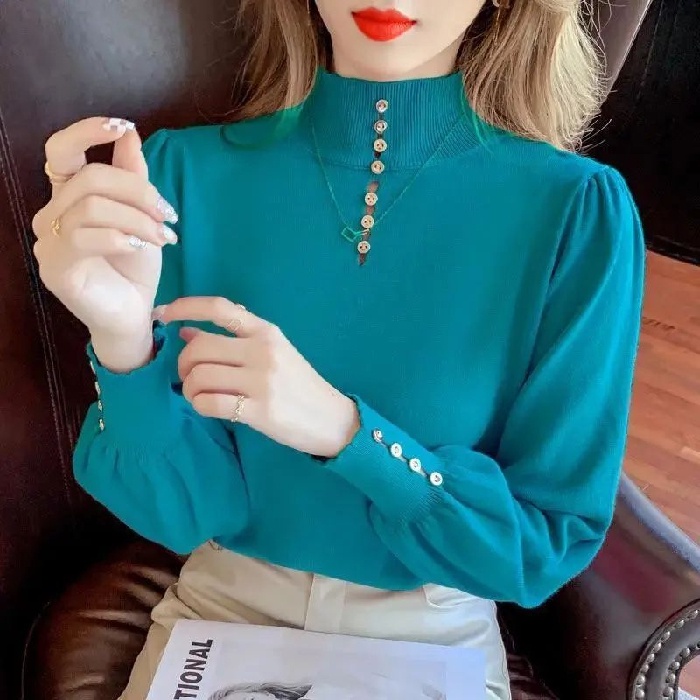 【ZHELIHANGFEI】Áo Sweater Cổ Lọ Tay Phồng Dáng Rộng Dễ Phối Đồ