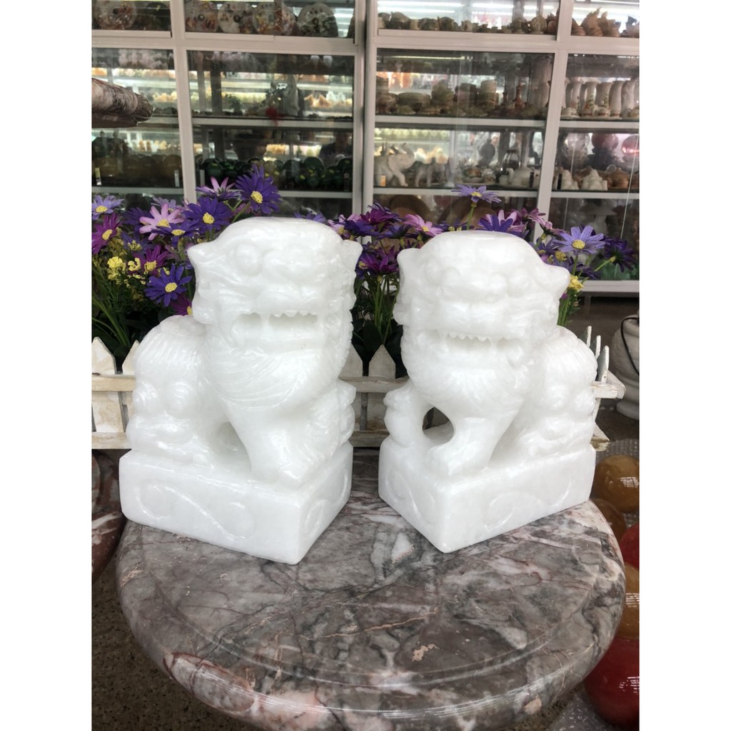 Cặp tượng Kỳ Lân quay đầu phong thủy đá trắng trang trí mộ - Cao 20 cm