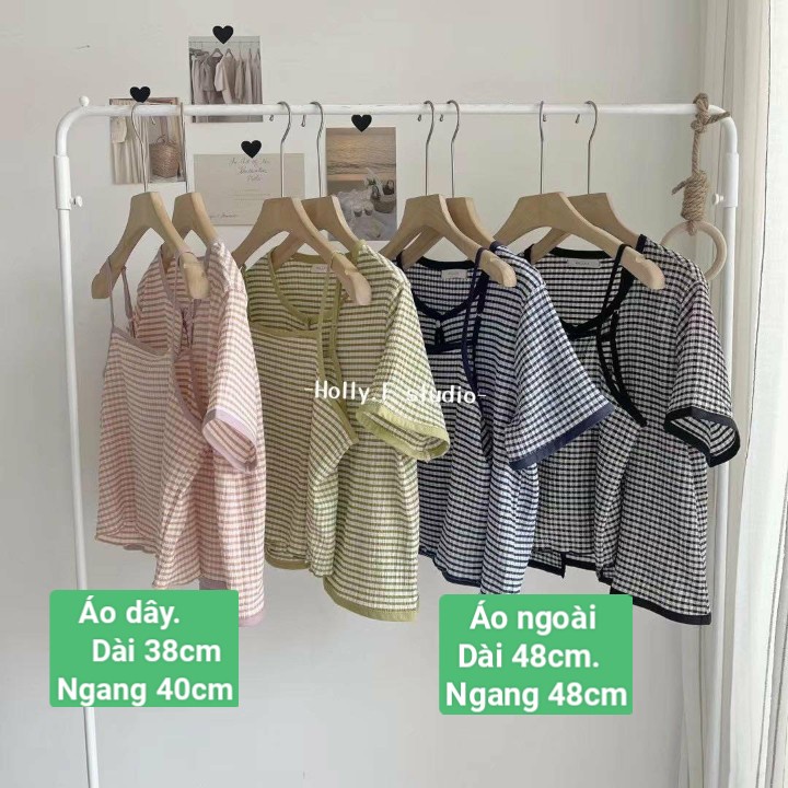 Set áo dây + cardigan crop sọc
