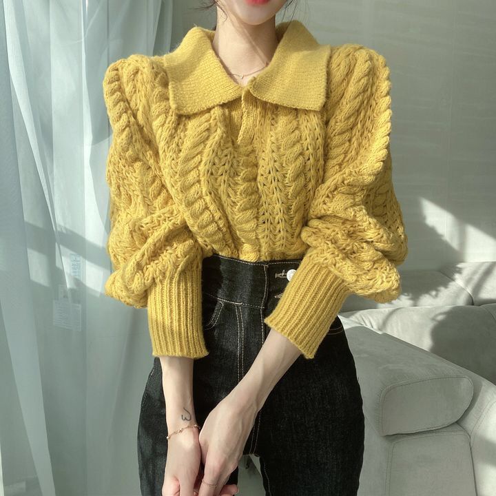 Áo Len Tay Phồng Dài Dáng Rộng Phong Cách Hàn Quốc Thời Trang Mùa Thu Cho Nữ