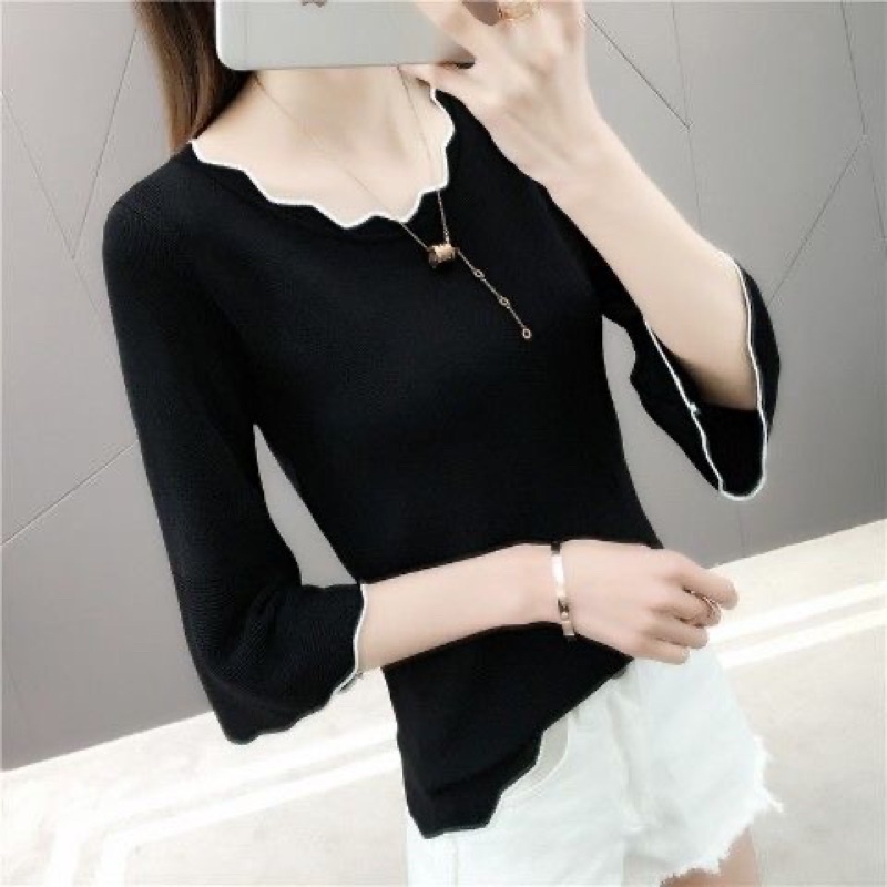 Áo Thun Nữ Tay Dài Viền Lượn Sóng Ống Tay Rộng