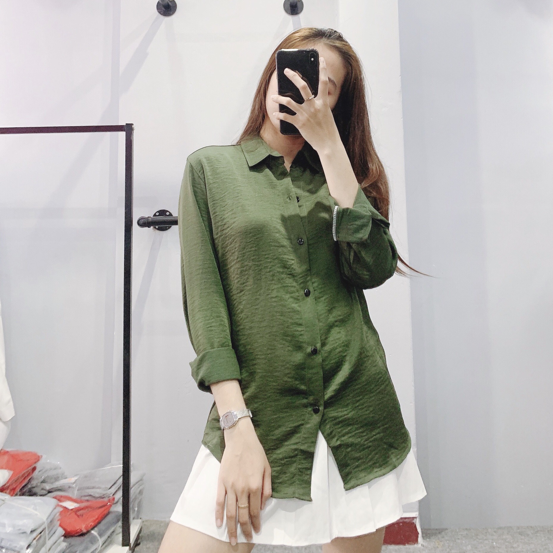 Áo Sơ Mi Nam Nữ dài tay dáng ôm sơ cổ bẻ vải cotton thái chống nhăn chống xù Xanh rêu trơn