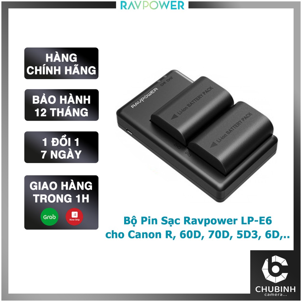 Bộ pin sạc máy ảnh Ravpower LP-E6. LP-E6N (cho Canon R, 70D, 5D3, 6D,...) | Chính Hãng