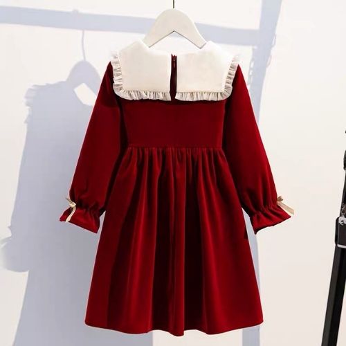 Váy nhung cho bé gái Myla Kids váy dài tay cổ bèo nhún 2 màu đỏ đen công chúa xinh đẹp cho bé 1-2-3-4-5-6-7-8-9-10 tuổi