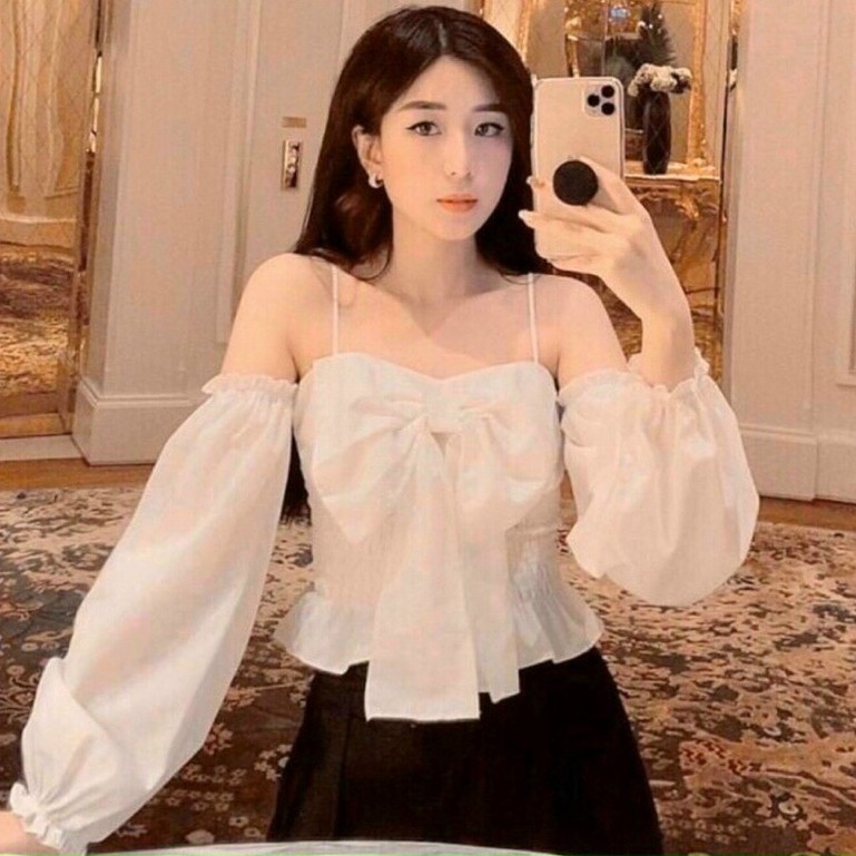 Áo Kiểu Nữ Hai Dây Nhúng Lưng Nơ Ngực