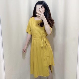[Ảnh thật] Đầm vàng đắp chéo cột nơ eo dễ thương ulzzang