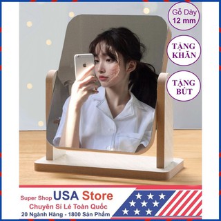 Gương Trang Điểm Để Bàn Khung Gỗ - Loại Dày 1.2Cm + Tặng 1 Khăn Lau + Tặng 1 Bút Viết Gương