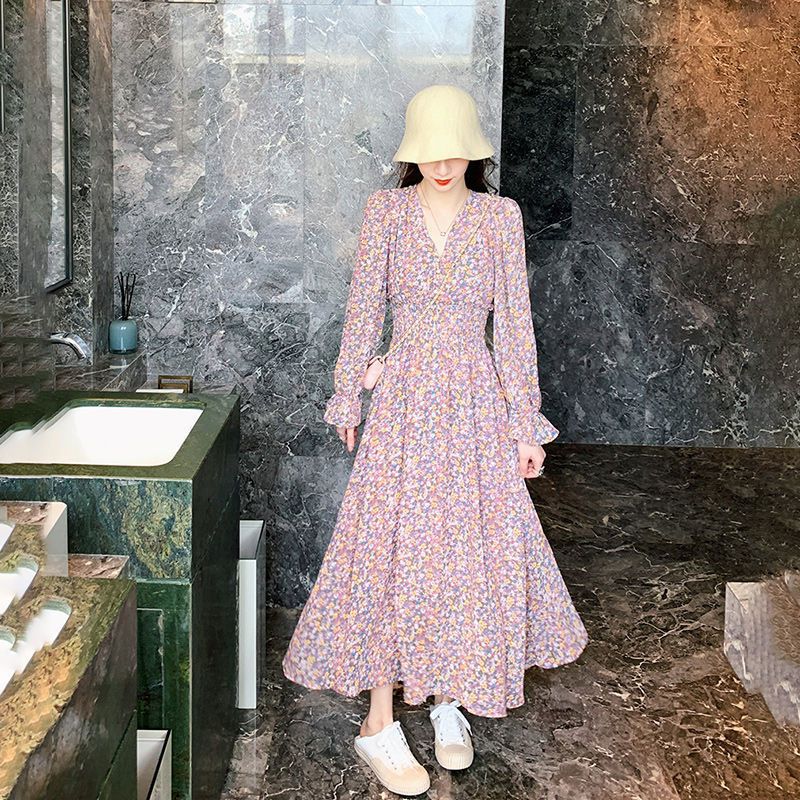 Đầm chiffon tay dài in họa tiết hoa cúc phong cách Hàn Quốc thanh lịch