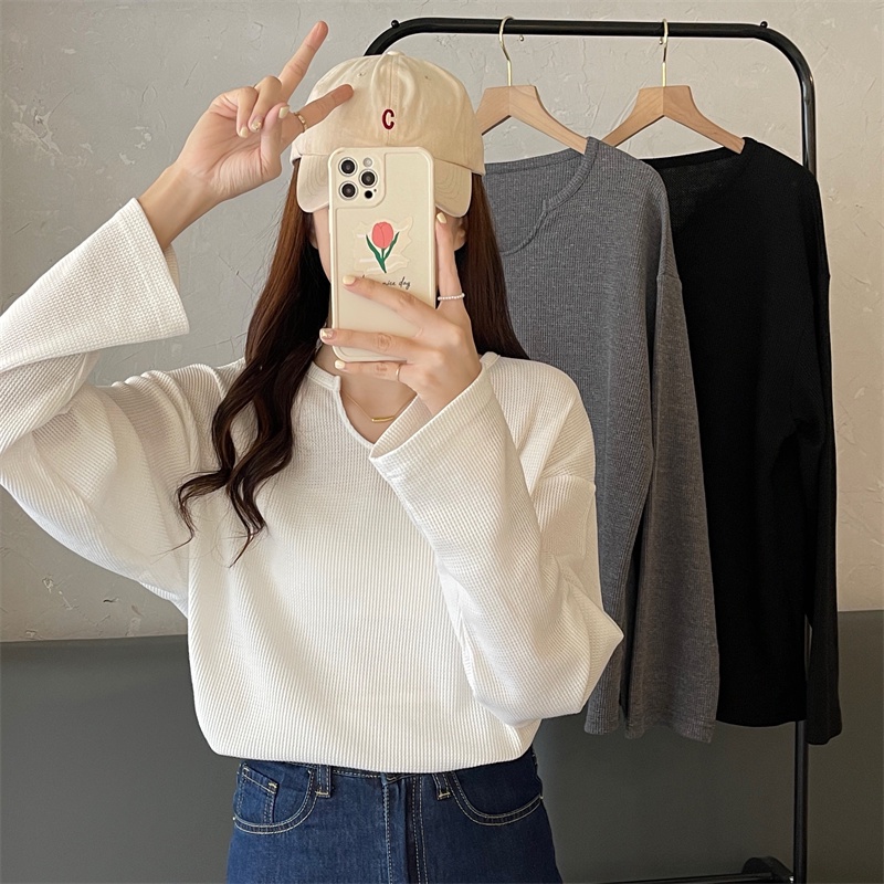 SUA002 Áo thun không cổ khoét tay dài thu đông đen trắng ghi nam nữ Hàn Quốc Áo phông unisex form rộng Ulzzang đẹp hot