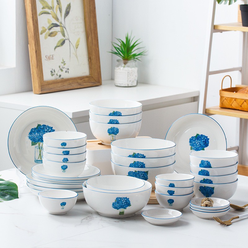 Bộ bát đĩa sứ trắng cao cấp hoạt tiết hoa xanh, đồ dùng bàn ăn