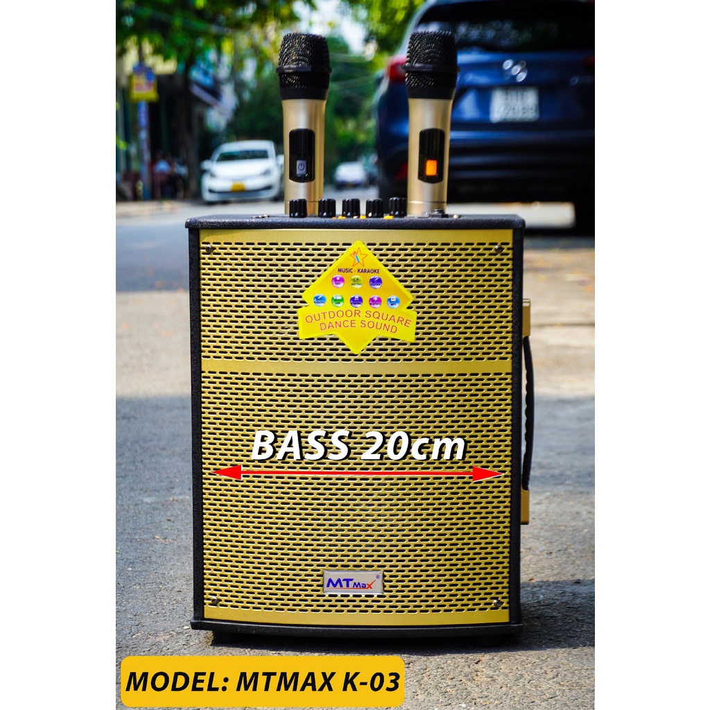 Loa xách tay MTMax K03 - Loa kéo di động bass 2 tấc - Công suất lên đến 250W - Tặng kèm 2 micro không dây bảo hành 12th
