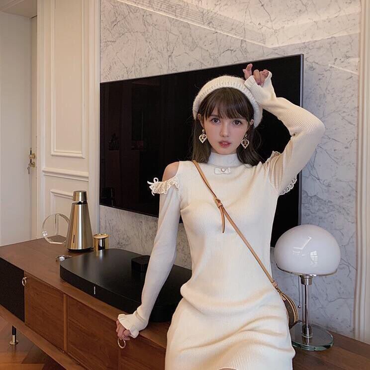 Ahoyeap Đầm sweater Dệt Kim Dáng Ôm Hở Vai Gợi Cảm Mùa Thu / Đông Mới Neowoman