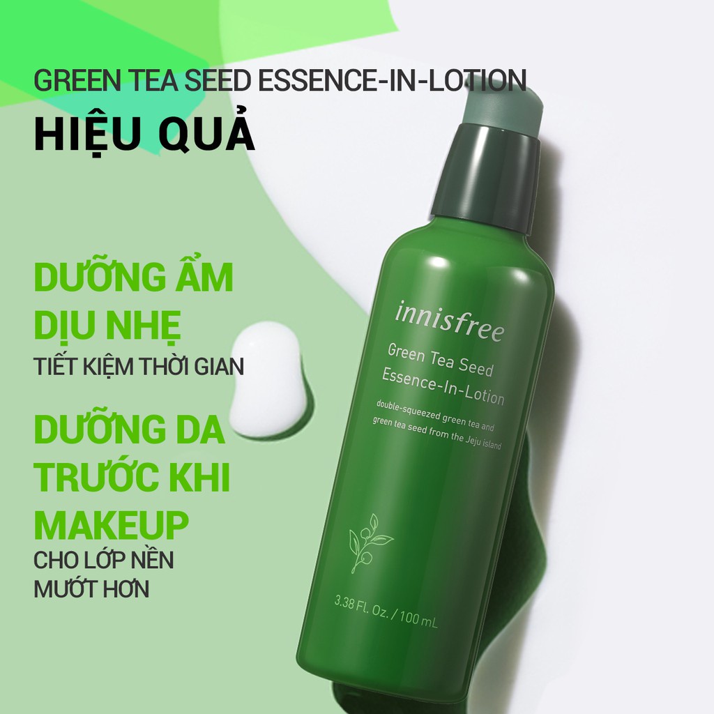 [Mã COSIF03 giảm 10% đơn 400K] Sữa dưỡng ẩm kết hợp tinh chất trà xanh innisfree Green Tea Seed Essence In Lotion 100ml