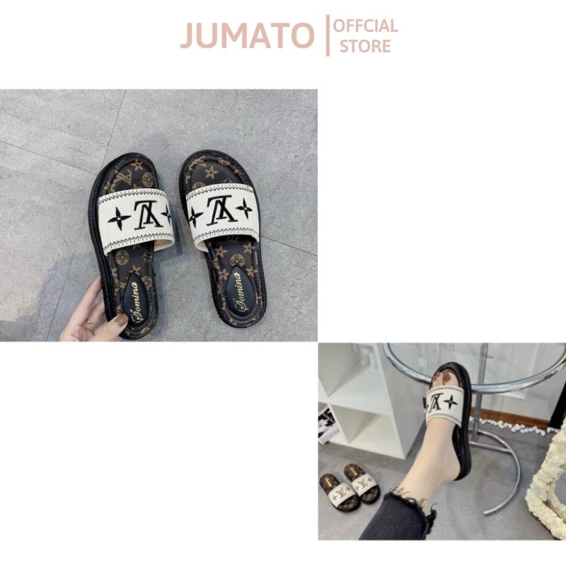 Dép lê nữ quai ngang đế bánh mỳ 3cm quai da thêu LV bền đẹp JUMATO G2.015.DE.35