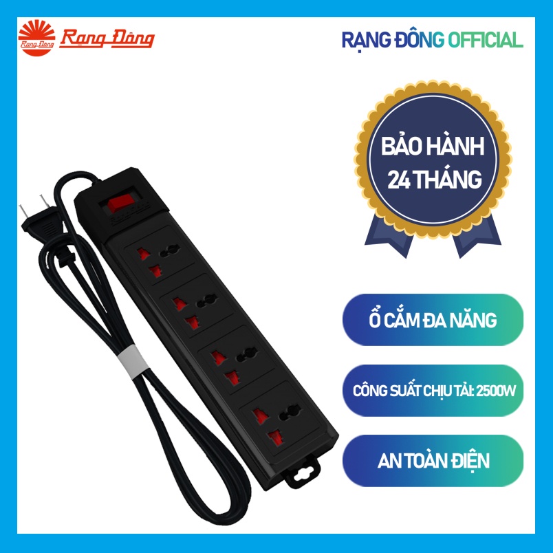 Ổ cắm đa năng 4 ổ cắm 3m OC02 4C/3M/10A chính hãng Rạng Đông, an toàn tự ngắt khi quá tải, nhựa ABS siêu bền chống cháy