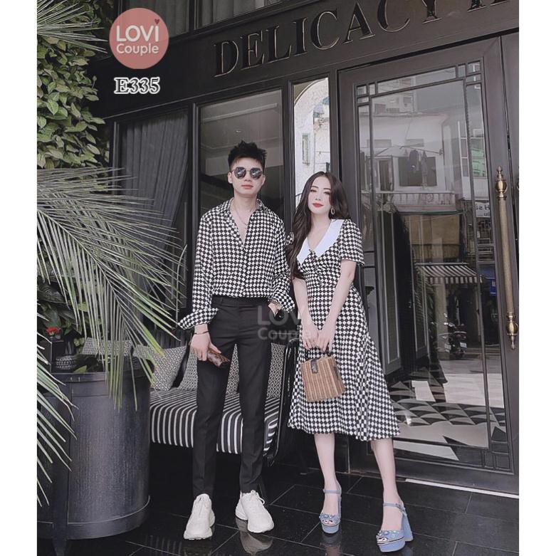 Đồ Đôi - Áo váy sơ mi đôi caro trắng đen cổ điển E335