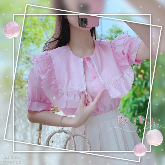 Áo kiểu nữ vạt vuông vai bèo trước sau đính ngọc liti CHUU A8125