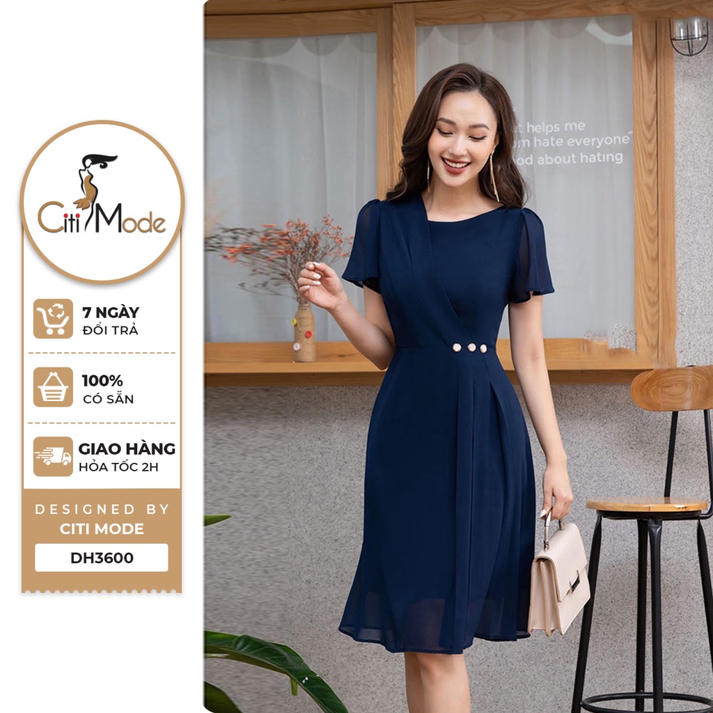 Đầm công sở CITI MODE FASHION dáng xòe thiết kế cổ lệch phối cúc eo chất voan DH3600