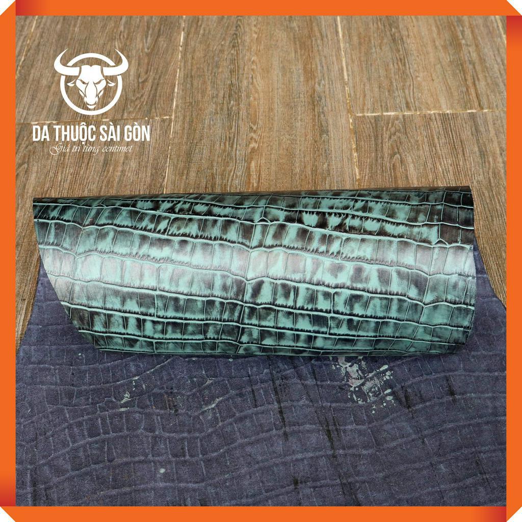 10 Pia da bò dập vân cá sấu wax phấn màu xanh đá - Hàng cao cấp thương hiệu Da Thuộc Sài Gòn