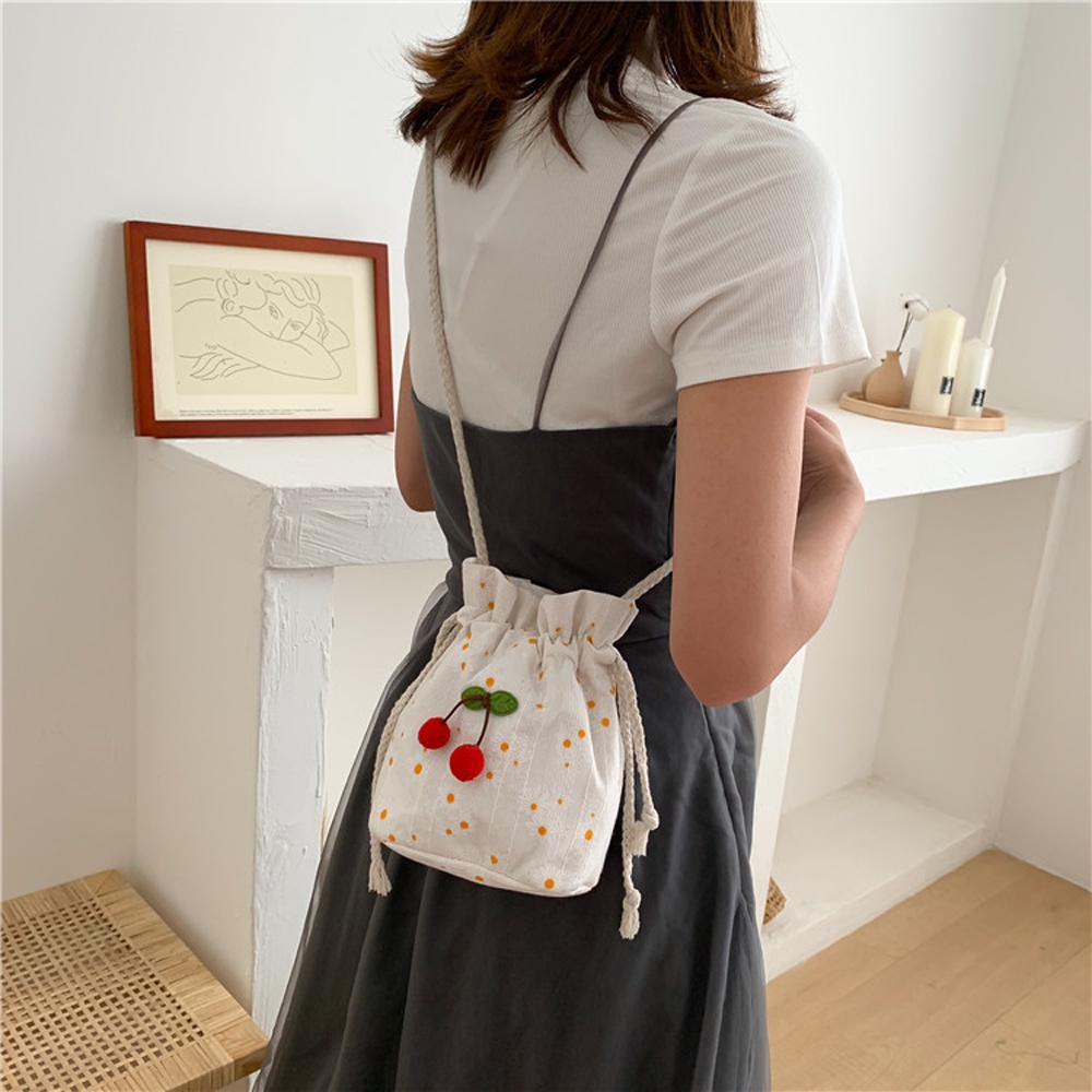 Túi Đeo Chéo Nữ Mini Miệng Dây Rút Quả Cherry Nhỏ Xinh Họa Tiết Hoa Dễ Thương