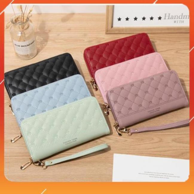 Ví nữ da dáng dài đựng tiền - bóp nữ da họa tiết quả trám V7