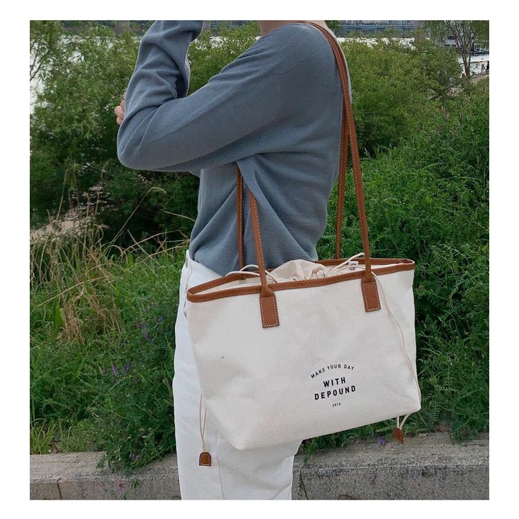 Túi Dây Rút Vải canvas In Chữ Phong Cách Hàn Quốc Thời Trang Mùa Hè Mới 2021 Cho Nữ