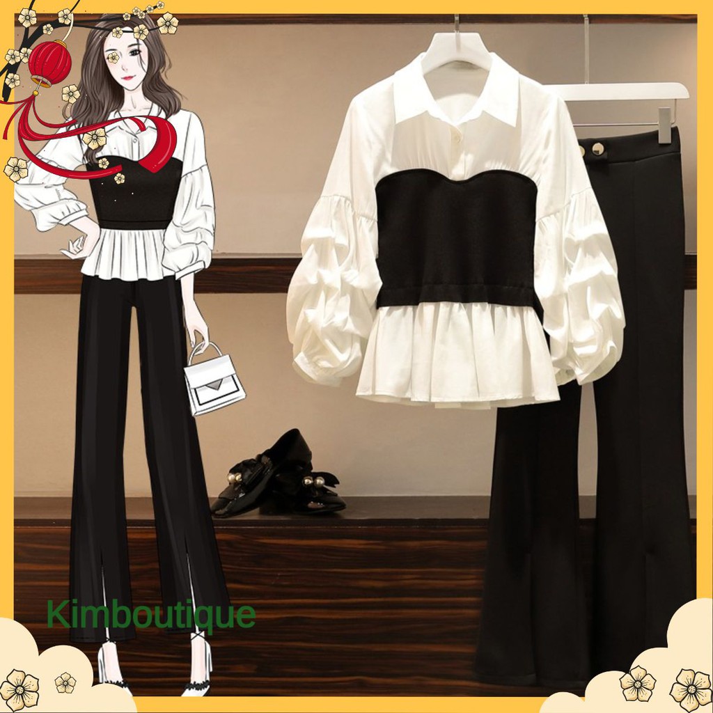 🌸Hàng Order🌸 Sét BigSize Áo Sơ Mi Kiểu Kèm Quần Ống Rộng Xẻ Tà🌸Hàng Quảng Châu Chất Lượng Cao