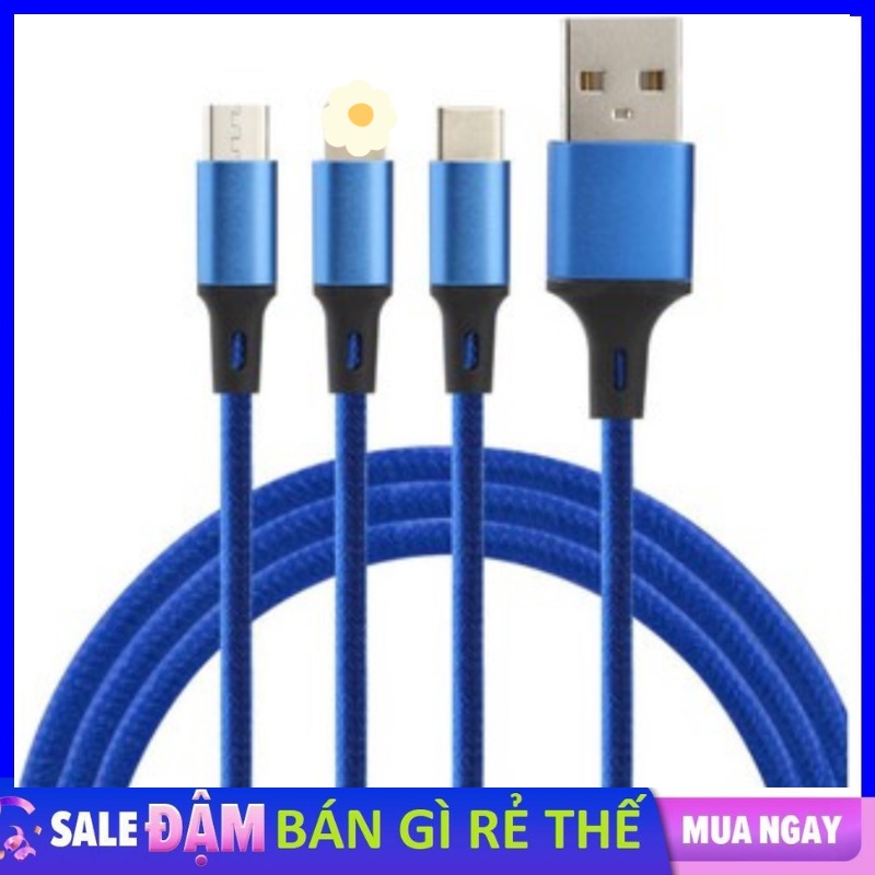 Cáp Sạc 3 Đầu đa năng IPhone - Micro Usb - Type C Dây Dù Chống Đứt Dài 1M(màu xanh)