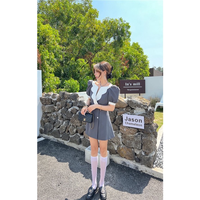 [Spot] Đầm Cổ Chữ V Tay Phồng Hai Hàng Nút Thời Trang Đơn Giản Phong Cách retro Hàn Quốc