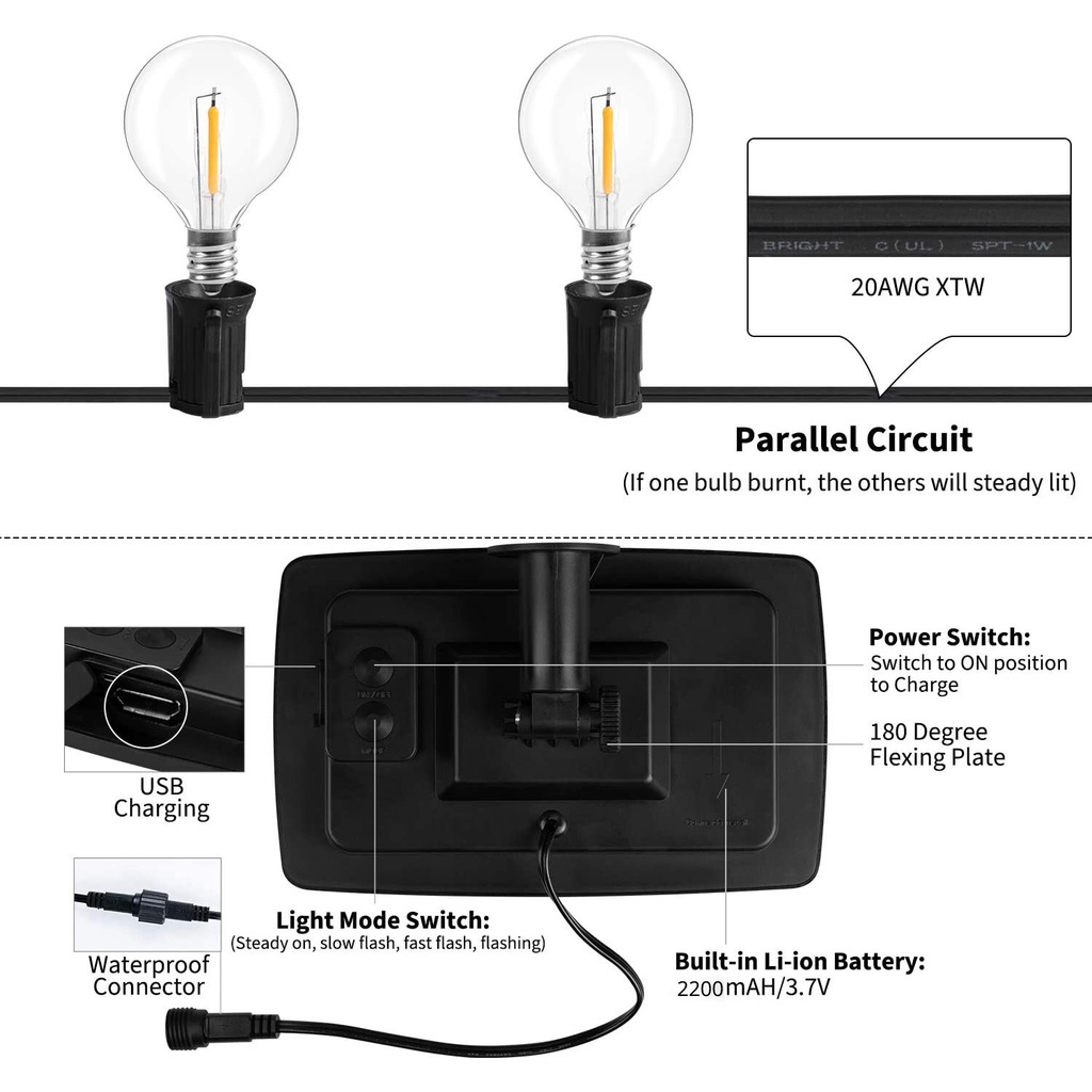 Dây Đèn LED G40 Năng Lượng Mặt Trời Trang Trí Sân Vườn