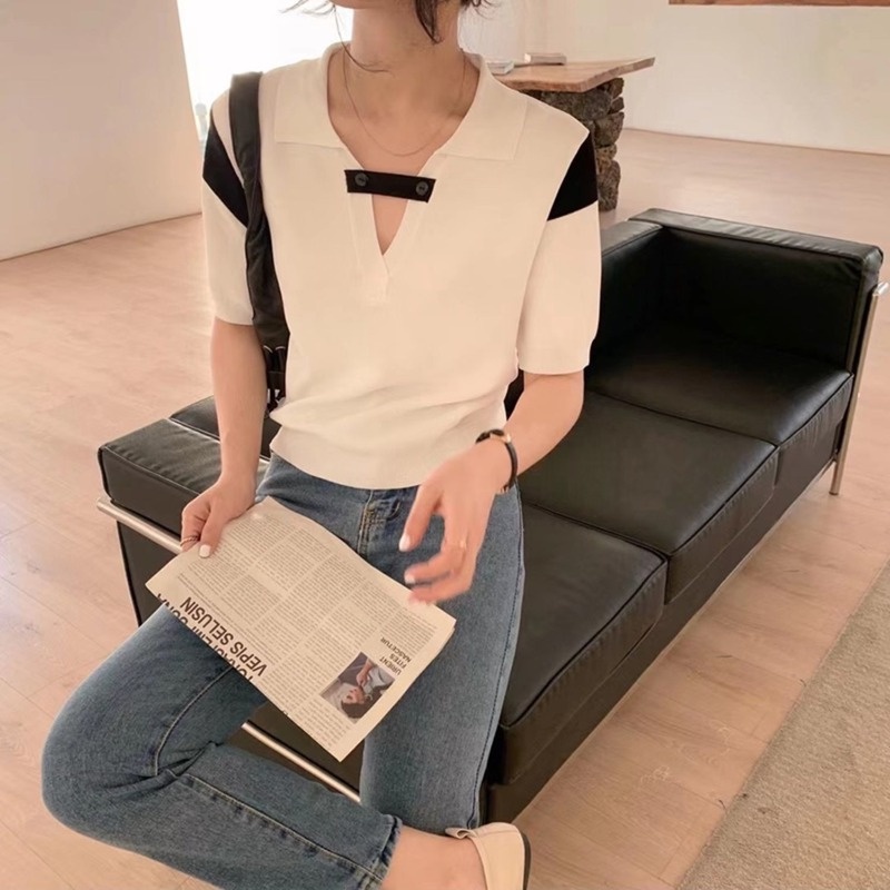 Áo Thun Dệt Kim Tay Ngắn Dáng Rộng Thiết Kế Mới Thời Trang Theo Phong Cách Hàn Quốc