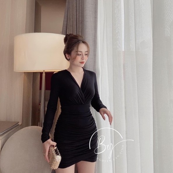 [Mã FATHANG5 giảm 10K đơn 50K] Váy Nhúm Cổ Vạt Dáng Ôm Body Chất Thun Lạnh Cao Cấp, Đầm Dự Tiệc Dài Tay Siêu Xinh | BigBuy360 - bigbuy360.vn
