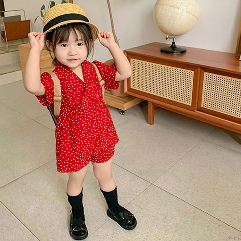 Đầm/ Áo Liền Quần Ngắn Tay Họa Tiết Chấm Bi Xinh Xắn Cho Bé Gái