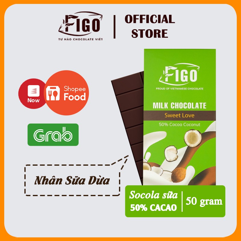 [Bán chạy] Combo 3 Thanh Kẹo Socola Milk Chocolate 50% Cacao Figo 50gr nhân hạt Điều, Hạnh Nhân, Sữa Dừa