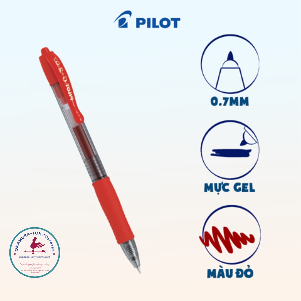 Bút mực gel g2 mực đỏ, Pilot, viết êm đầu bút bi siêu bền, ngòi 0.7mm