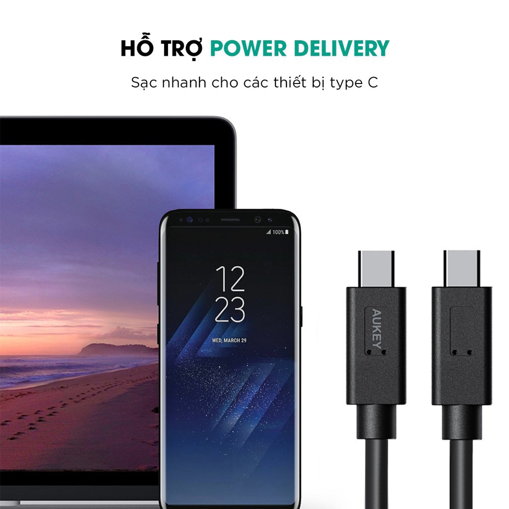 Cáp sạc Macbook Pro USB-C ra USB-C chuẩn 3.1 Gen2 AUKEY CB-C2 PD 100W dài 0.9m