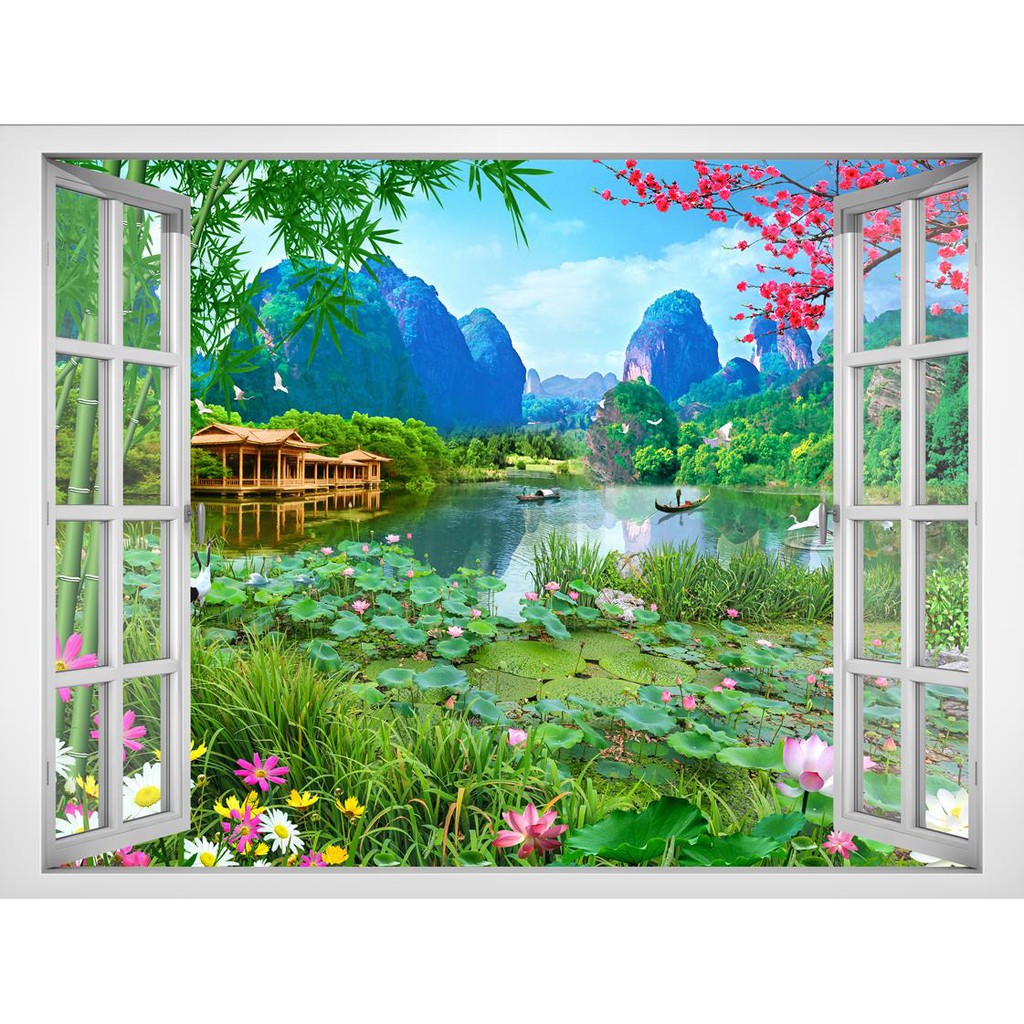 Decal cửa sổ cảnh hồ sen đẹp VT0427