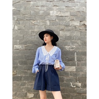 sơmi sọc xanh cổ ren