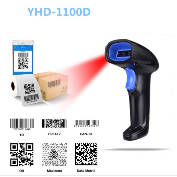 Đầu đọc mã vạch Qrcode YHD-1100D, Máy Scan cầm tay có dây quét mã vạch 1D 2D dùng trên Máy tính - Kèm đế