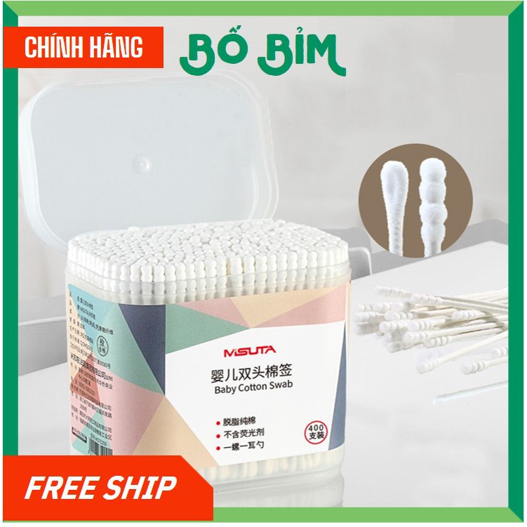 ⚡BÁN LỖ XIN 5 SAO⚡Tăm Bông Cho Bé MISUTA - Bông Tự Nhiên - Hộp 400 chiếc tăm bông đầu xoắn Misuta cao cấp