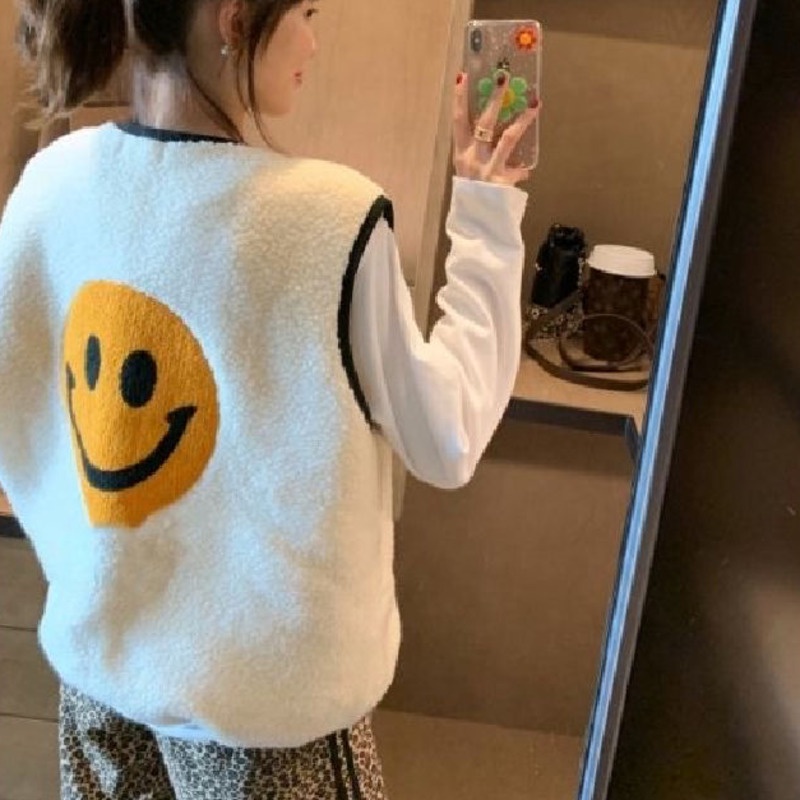 Áo Khoác Len Lông Cừu Không Tay Màu Sắc Tương Phản Phong Cách Hàn Quốc