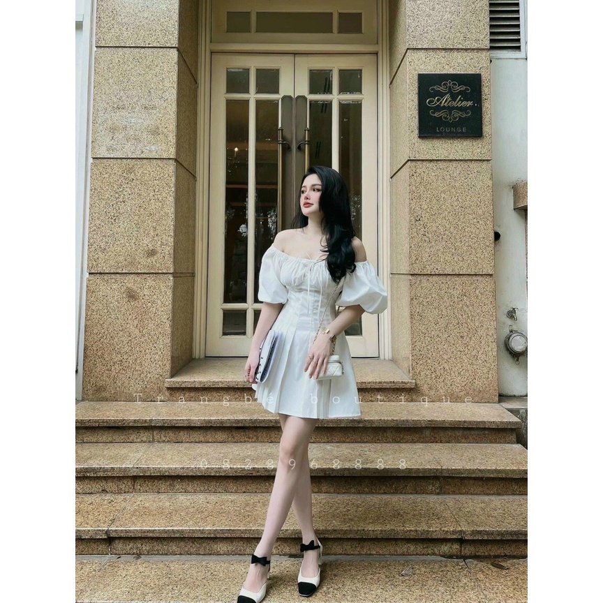 Đầm tay phồng bo eo chân váy xòe xếp ly sang chảnh