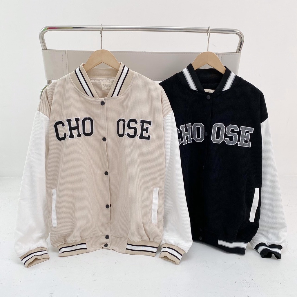 Áo Khoác Bomber Jackets Nhung Gân 2 Lớp Thêu CHOOSE Varity Form Rộng Unisex Nam Nữ Ulzzang