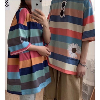 ❌Áo thun unisex sọc ngang in hình hoa cúc bên hông ❌